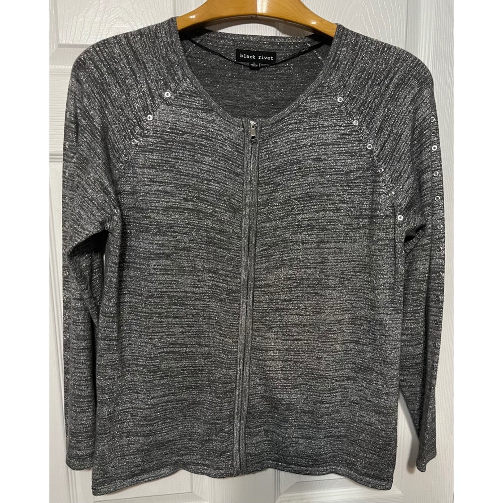 Black Rivet Women's Metallic Silver Rivets Trim Zipโ Front Cardigan